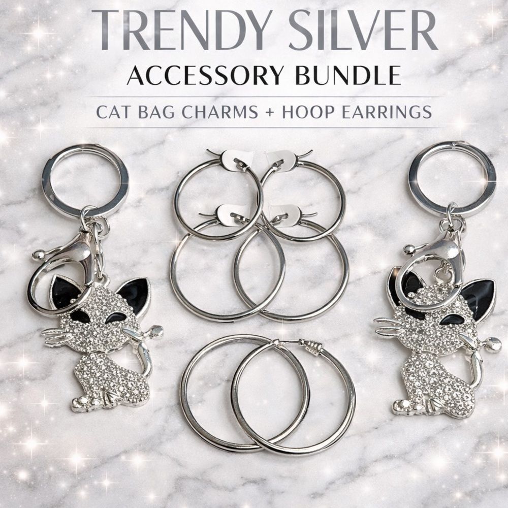 Silver Jewelry Bundle | 2 Cat Rhinestone Keychains + 4  Hoop Earrings Sets |NEW